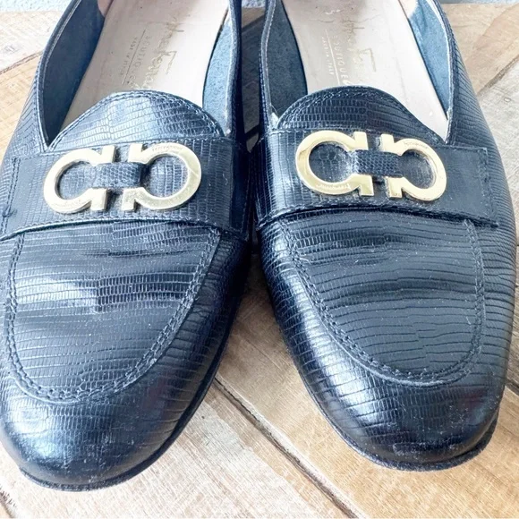 Salvador Ferragamo Black Loafers with Gold Accent - Picture 7 of 14